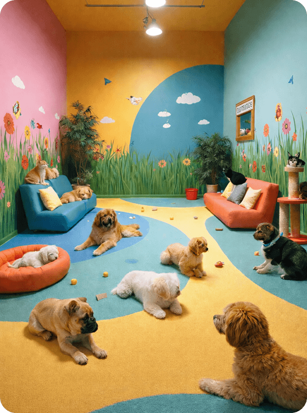 Playful dogs and cats in a colorful daycare room