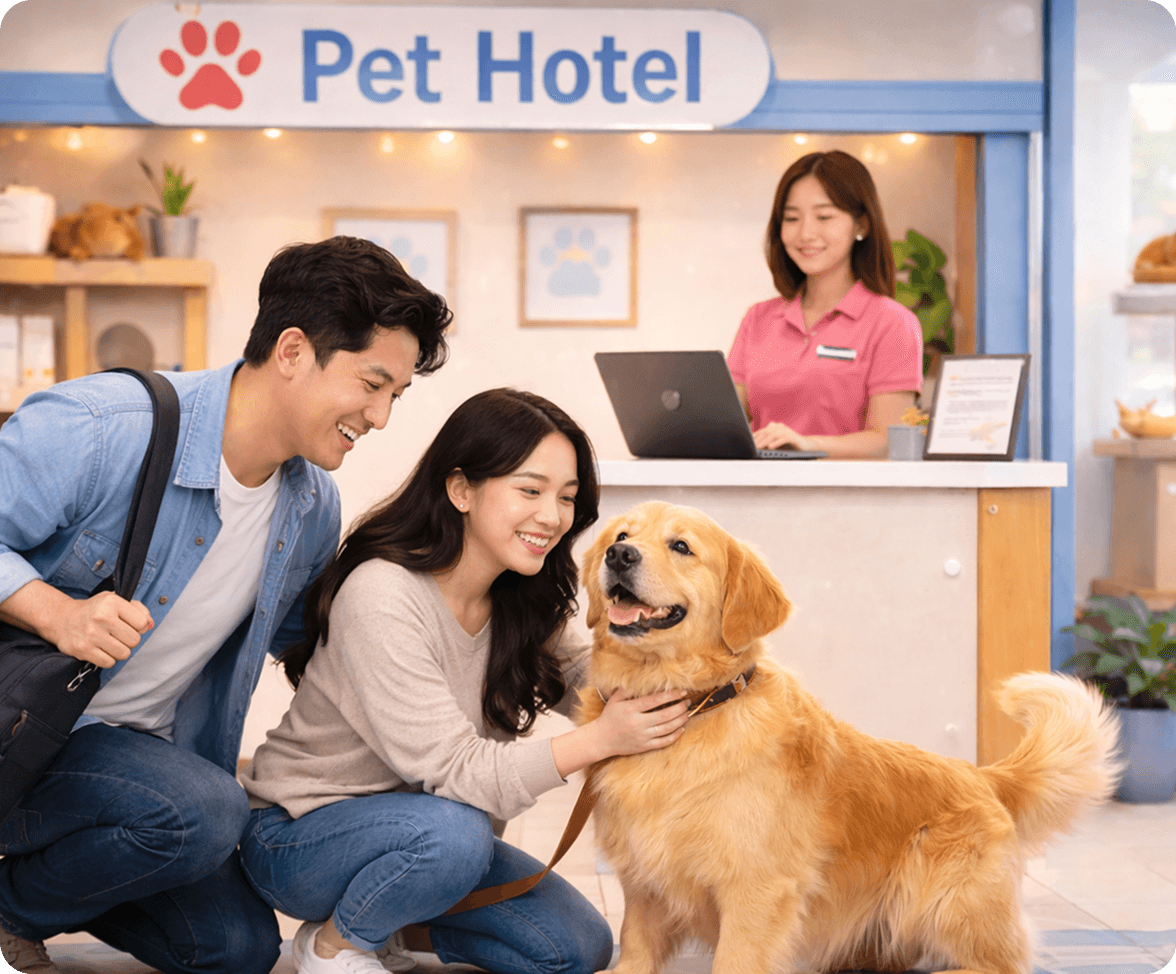 Couple with golden retriever at pet hotel reception