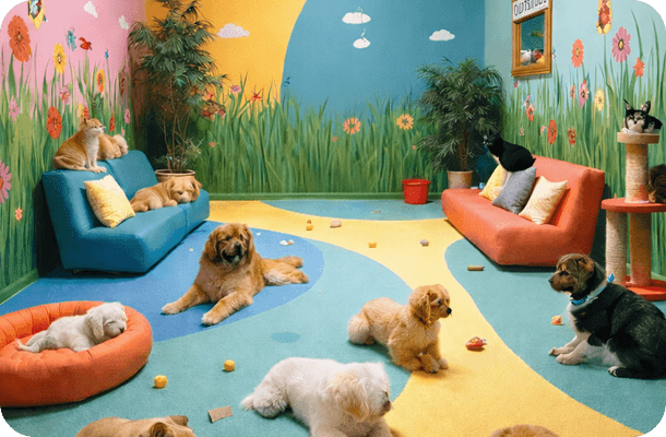 Colorful pet daycare playroom
